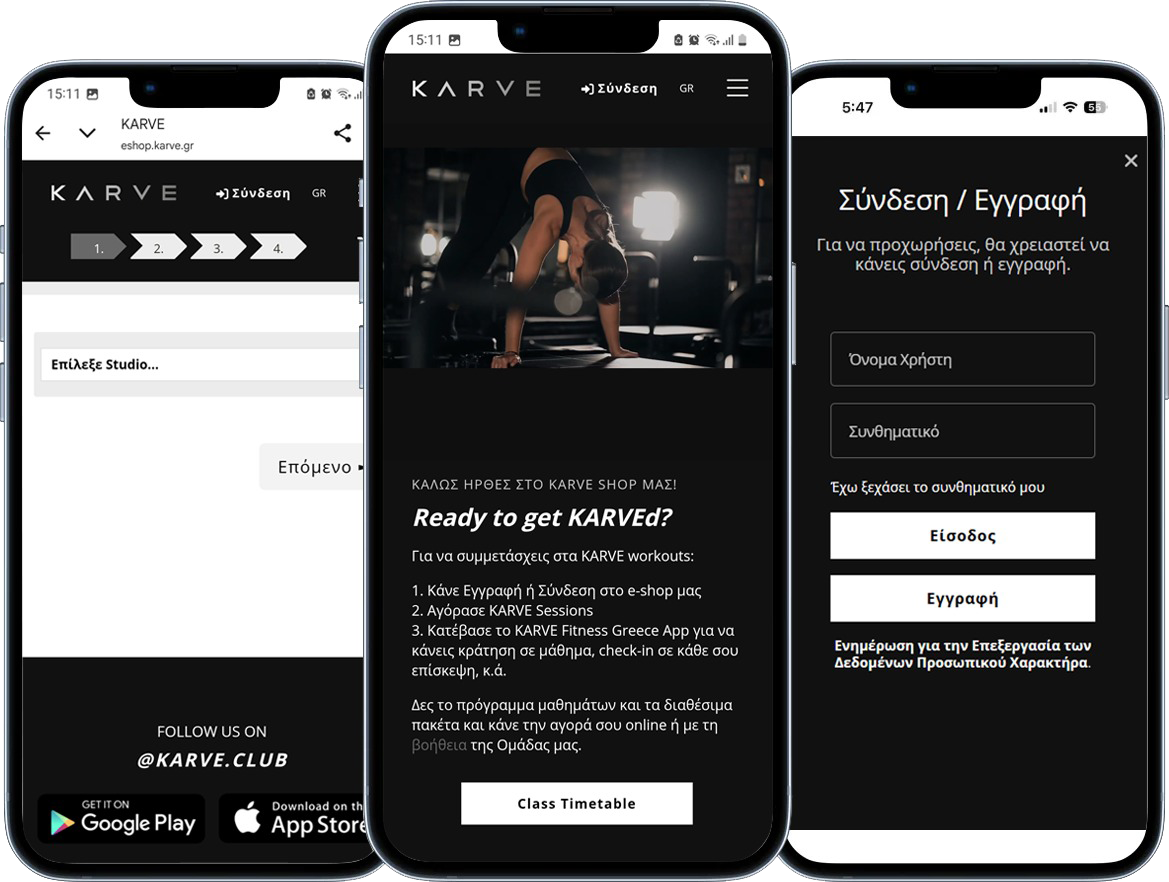 KARVE mobile app interface showing the schedule