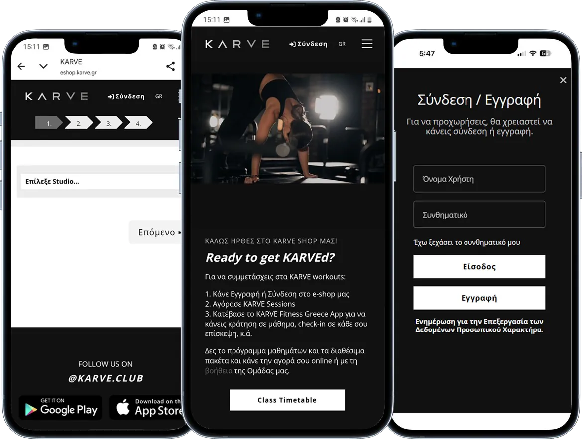 KARVE mobile app interface showing the schedule